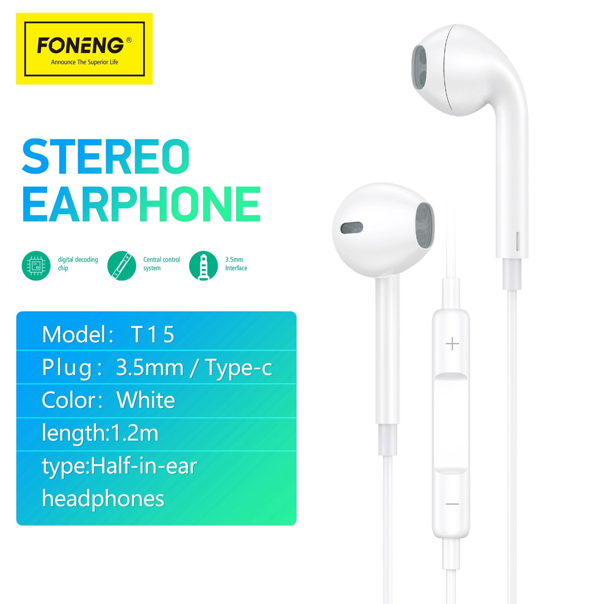 💯 Original New Foneng  T15 Heavy Bass Type-C Earphone